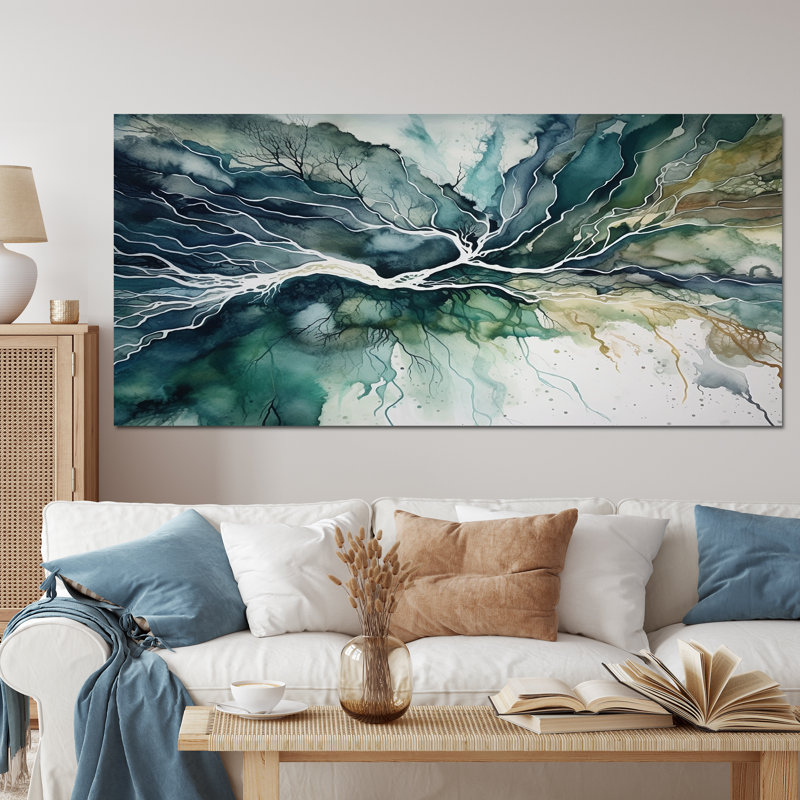 «Green Blue Marbré Dreamscape II», art mural géométrique abstrait, Toile tendue, H 28 po x l 60 po x P 1,5 po