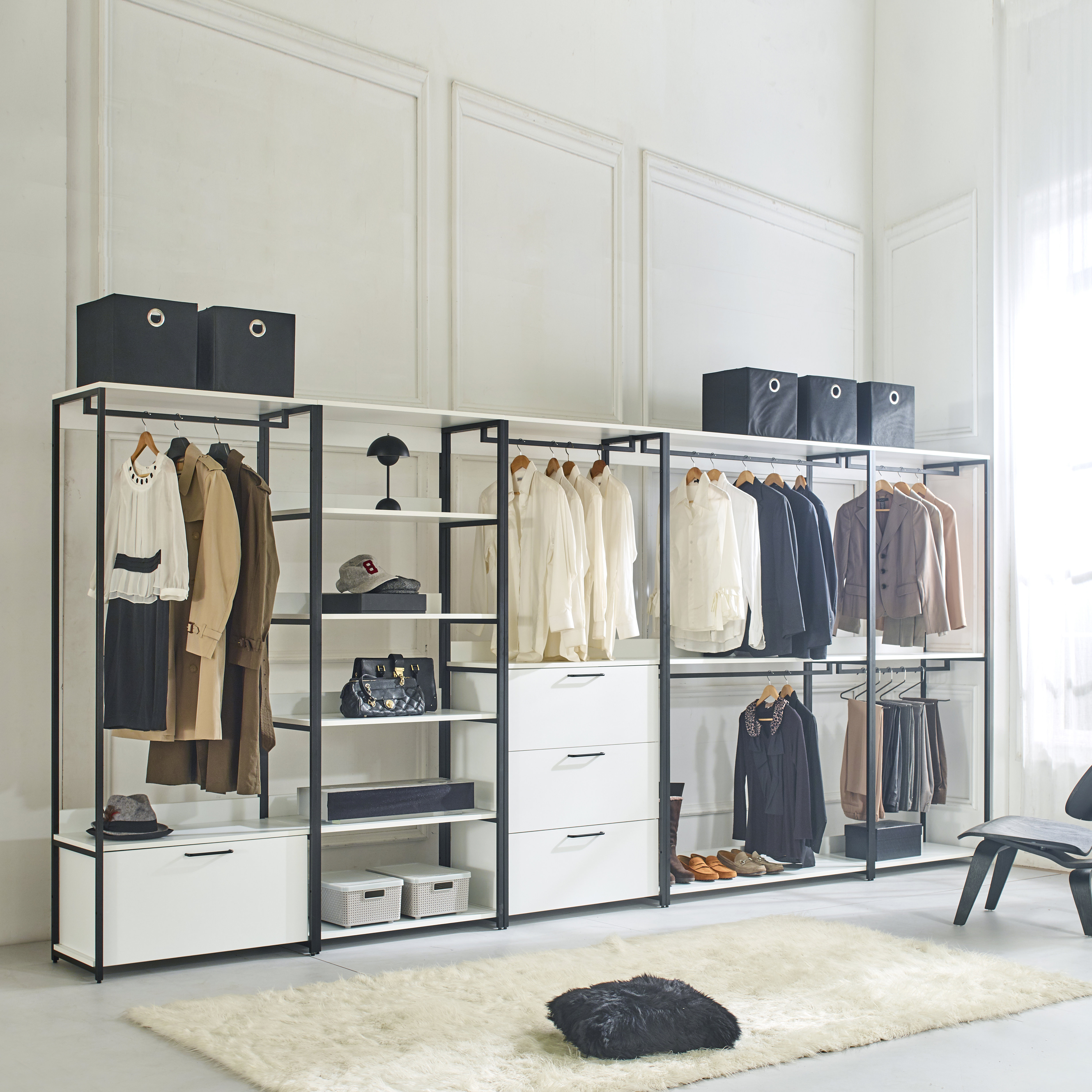 Stacked Wood and Metal Shelves in Walk In Closet - Transitional - Closet