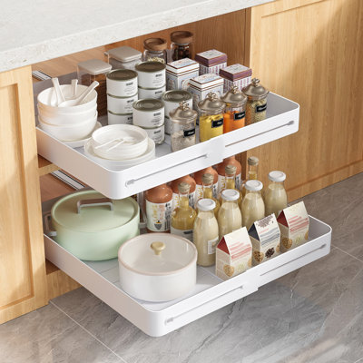 2 Pack Expandable Pull Out Cabinet Organizer ,Pull Out Drawers for Cabinets,Upgrade 3 Slide Rails Sliding Drawer for Kitchen Cabinet Organizer with Adhesive Nano Film (White)