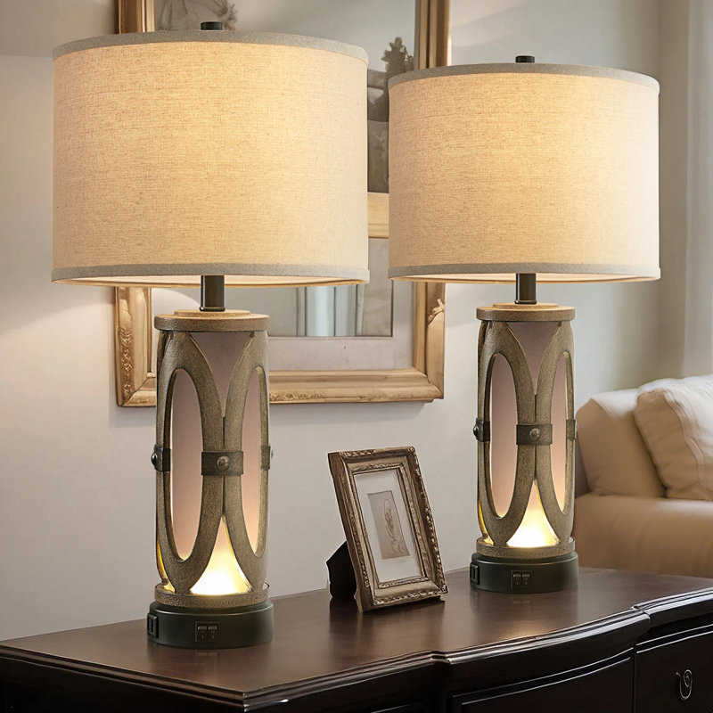 Louann 26" Farmhouse Table Lamp with USB Ports, Night Light (set of 2)