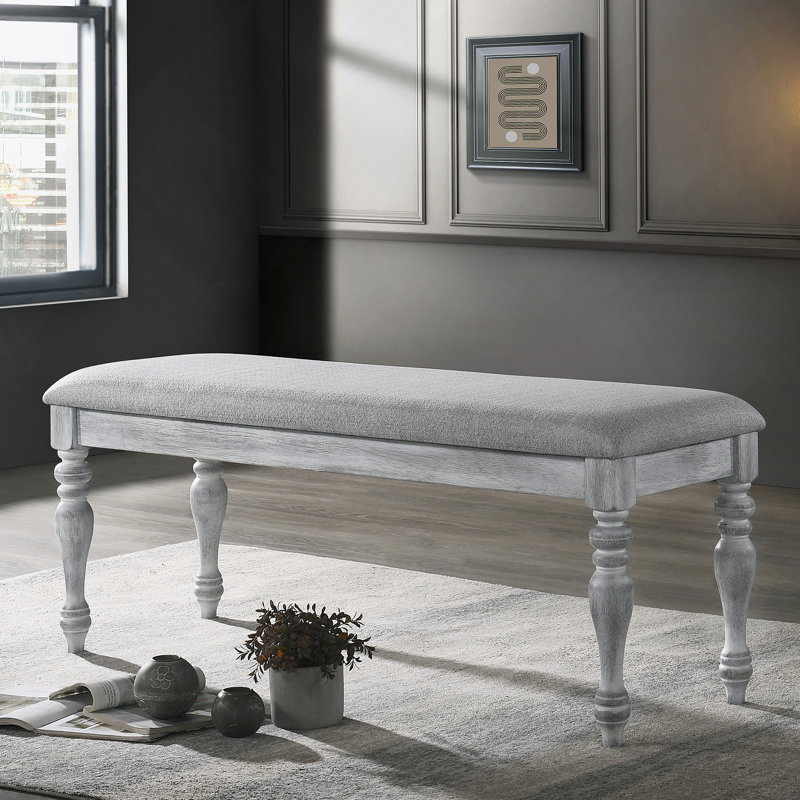 Salines Upholstered Turned Leg Dining Bench, Rustic White