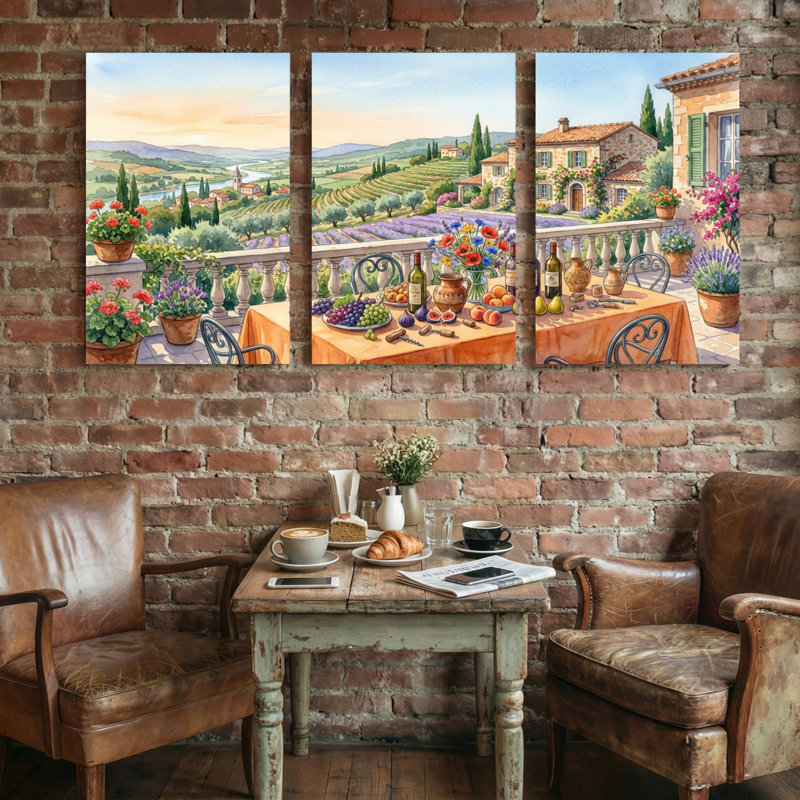 Paysage et nature Paysage méditerranéen avec table et fleurs, H 30 po x l 60 po