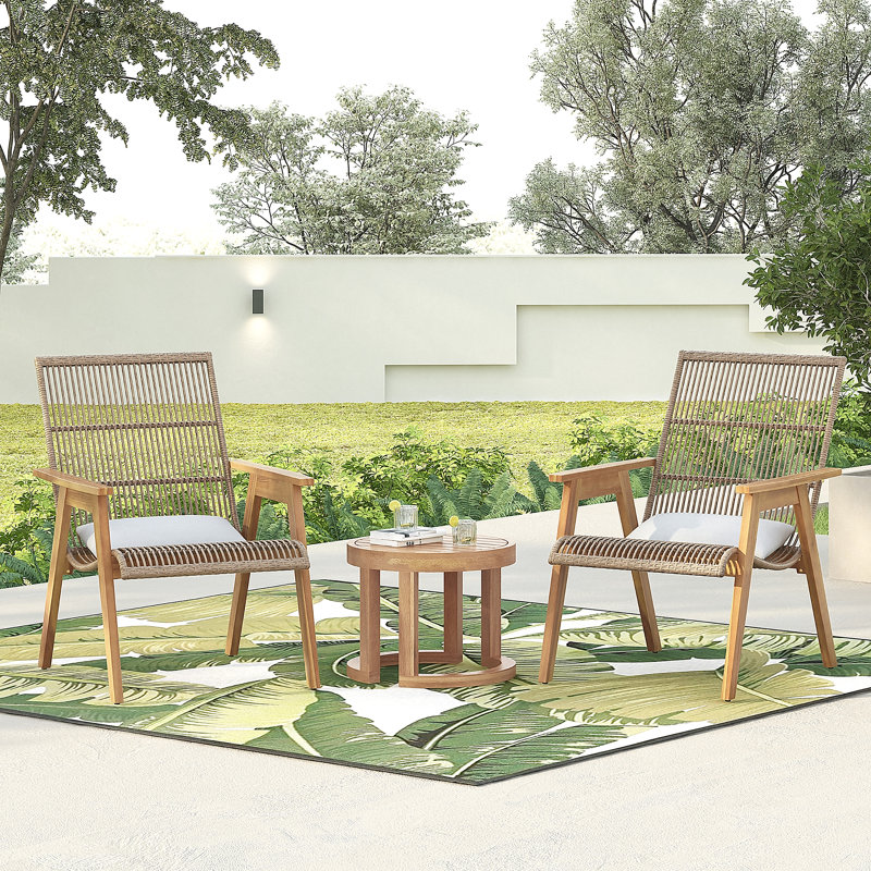Ensemble de salon d'extérieur en bois d'acacia 3 pièces: 2 chaises longues en osier tissé avec coussins Cape + table d'appoint 18 "