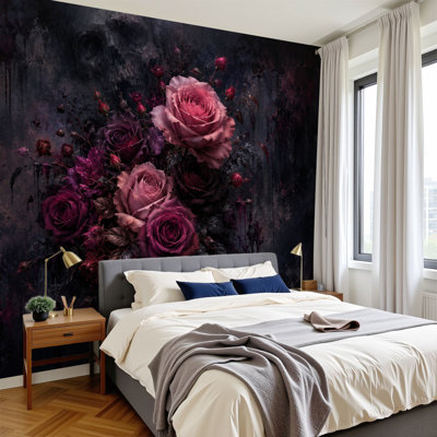 Peel and Stick Wallpaper 69" L x 96" W Modern Self Adhesive Wall Mural for Bedroom - With Dark Gothic Roses Skull Smoky Art Print