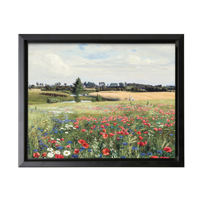 Champ avec coquelicots et marguerites, Cadre noir, Canevas, H 12 po x l 16 po