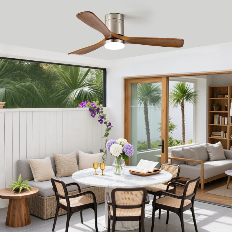 52 In. Flush Mount Nickle Wood Ceiling Fan With Light