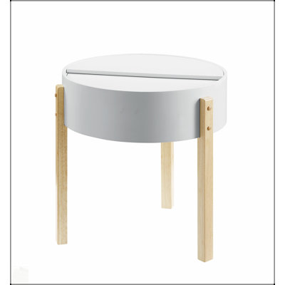 Table de bout ronde Bodfish blanche et naturelle avec rangement caché, parfaite pour les espaces de vie modernes et organisés.