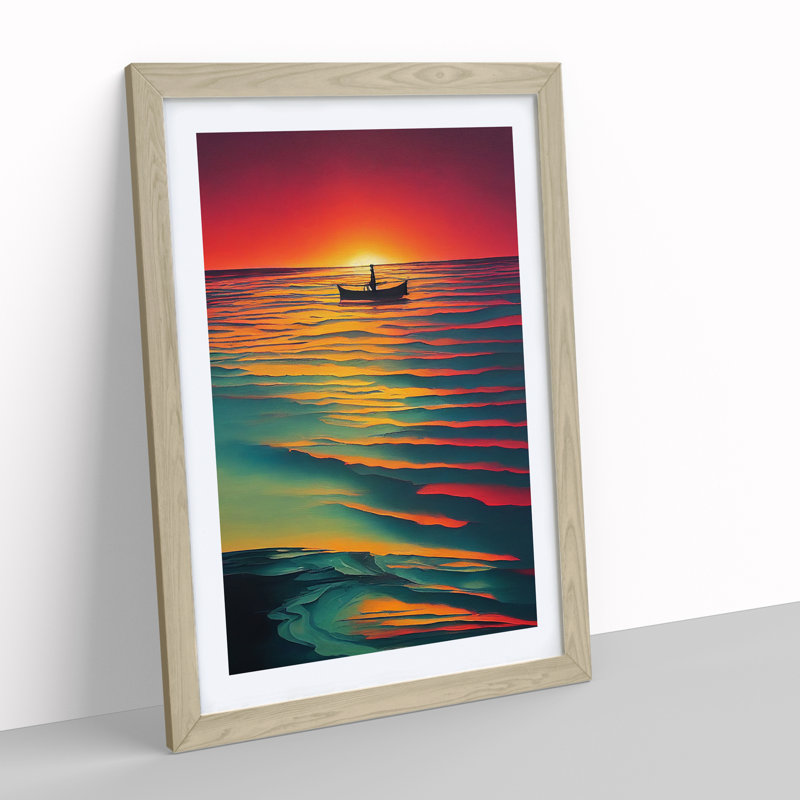 Boat And The Ocean Sunset - Print, Oak Framed, 66cm H x 48cm W x 2cm D, White