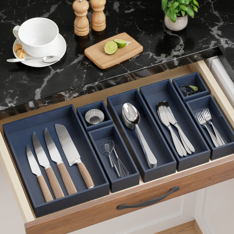 7-Piece Bamboo Drawer Organizer Set, Multi-Use Wood Tray Divider Bins for Kitchen, Bathroom, Office Desk and Makeup Organization