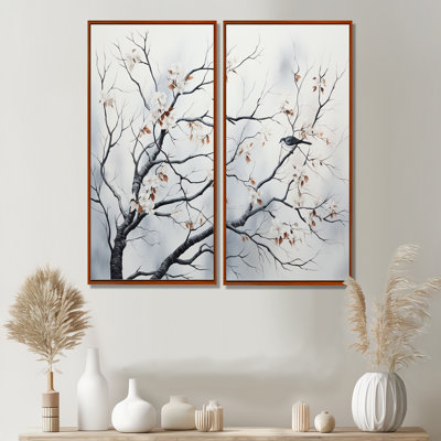 «Gray Floral Sprintime Tree Birds III», art mural moderne sur toile grise