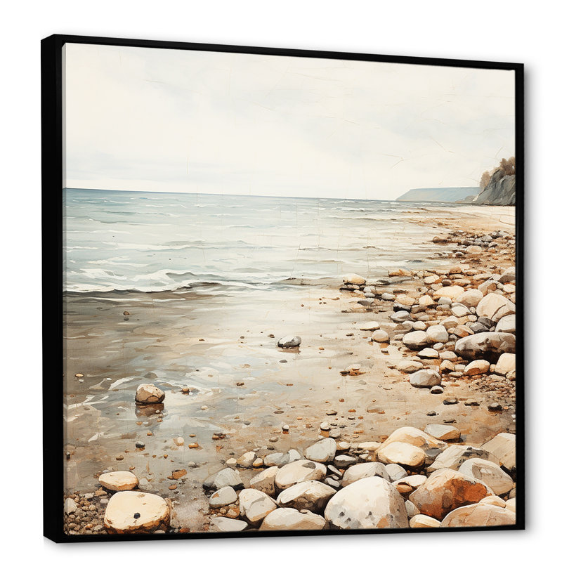 Coastal Pebble Beach I - Art mural minimaliste côtier, Cadre flottant noir, H 30 po x l 30 po x P 1,5 po