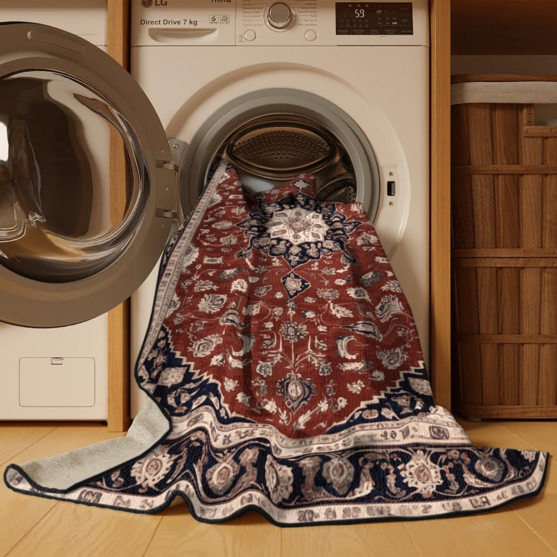 Tapis persan noir lavable à la machine, Rond 7 pi