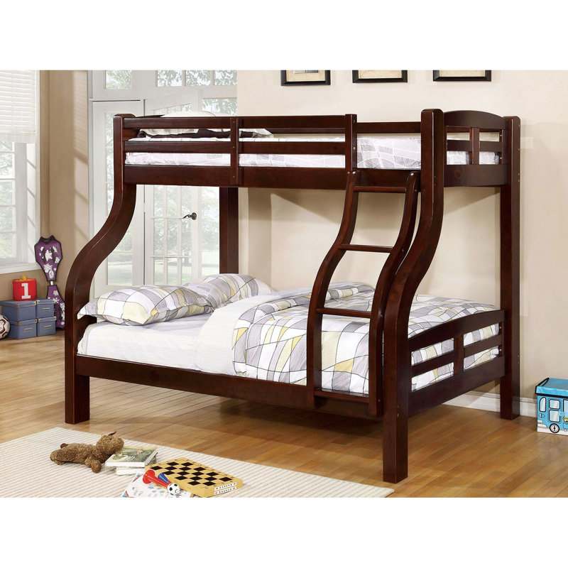 Lit superposé simple au dessus d'un lit double de conception transitionnelle, structure en bois massif, courbé, 14 pièces Lattes, rails sécurisés et audacieux pour