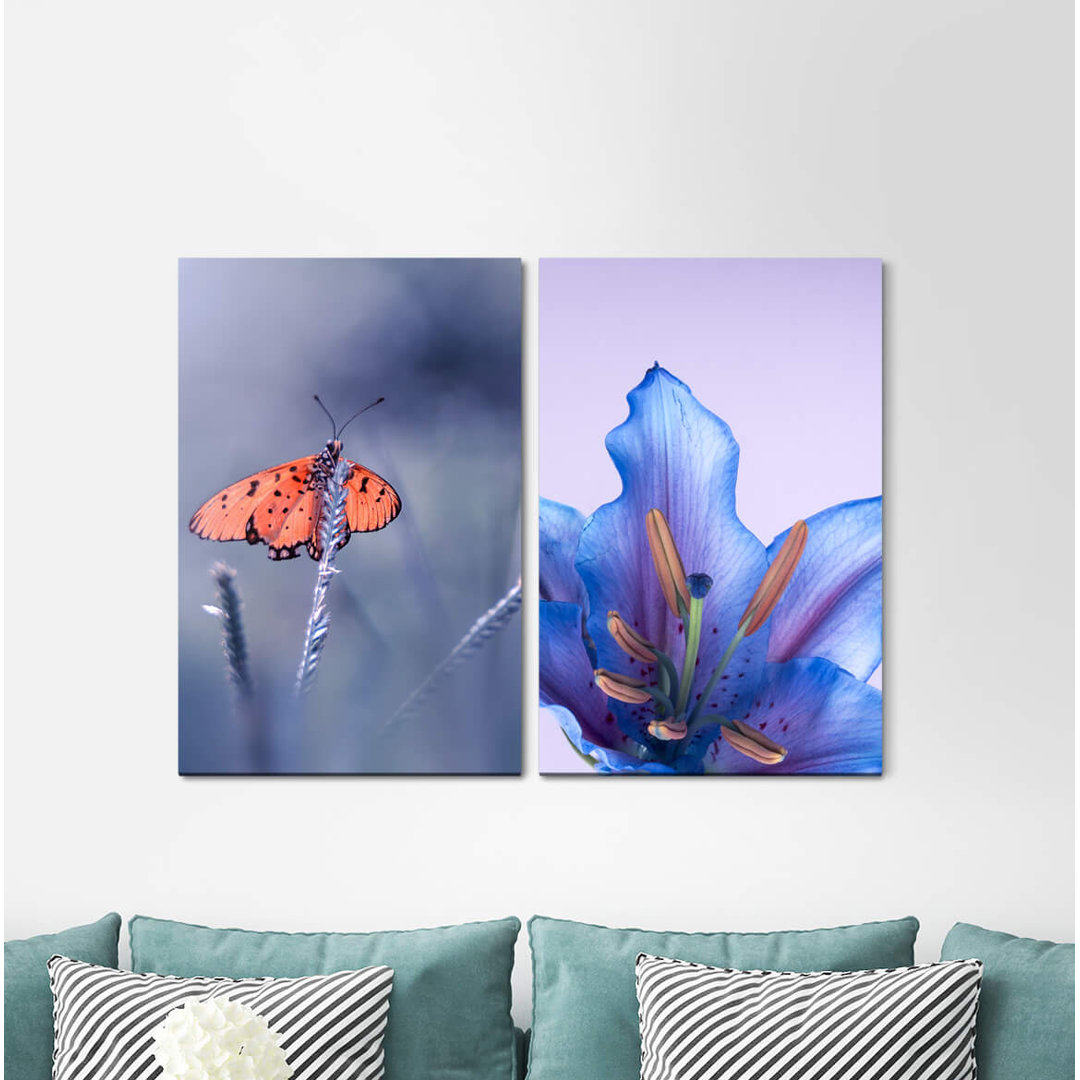 2-tlg. Leinwandbilder-Set - Fotografie „Butterfly Blue Blossom Spring Gentleness Nature Peaceful”