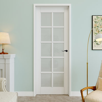 30" x 80" 10-Lite Frosted Glass Interior Prehung Door with Curve Lever and Black Hinges, Privacy Glass Door Slab, Paintable & Waterproof, Suit for Laundry, Closet Doors, Room Doors, Left Hand