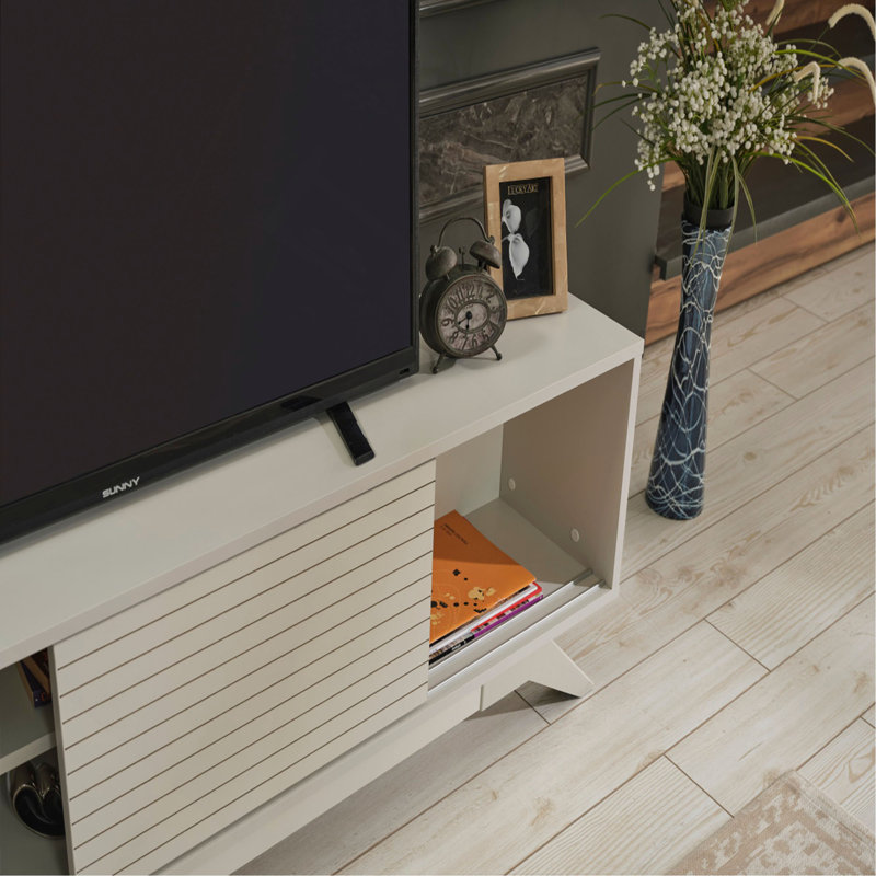 Meuble télé Mid-Century 2 portes coulissantes 2 tablettes et meuble télé 67 po