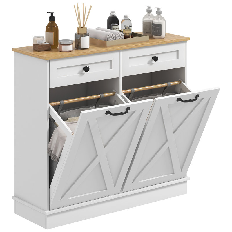 Double Tilt Out Laundry Hamper Cabinet With 2 Removable Baskets And 2 Drawers, Bathroom Storage Cabinet Or Trash Can Cabinet For Laundry Room, Living Room