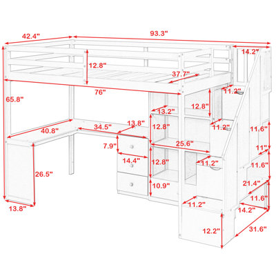 Twin 4 Drawers Wood Loft Bed with Built-in Desk and Shelves