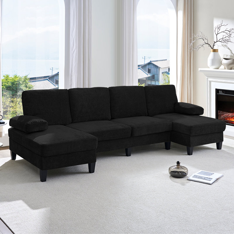 Canapé modulaire 110 po convertible en forme de L et en U, canapé en velours côtelé avec deux coussins de soutien et 2 repose-pieds