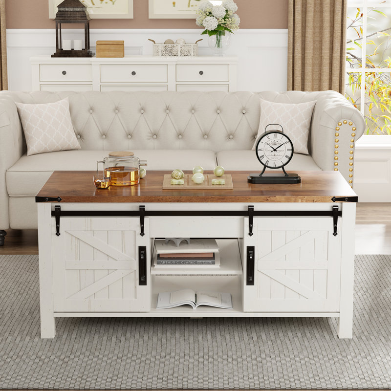  48"W Farmhouse Lift Top Storage Coffee Table with Sliding Barn Door & Adjustable Shelf, Natural Wood/White 
