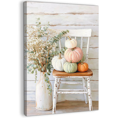 Art mural d'automne, art mural toile citrouille, art mural d'automne avec chaise rustique et fleurs, décoration murale d'automne de style maison de campagne chaleureuse pour le salon ou le vestibule, 20 po x 30 po