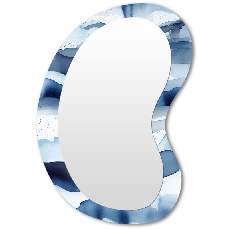 Abstract Classic Blue Waves II - Fractals Metal Art Decor - Modern Irregular Wall Mirror, 31" x 22"