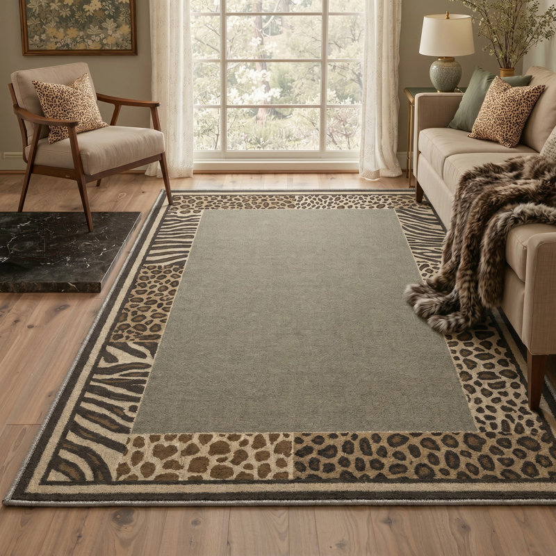 Tapis gris / brun clair à motif animal lavable à la machine avec envers antidérapant, Rectangle 84 po x 60 po