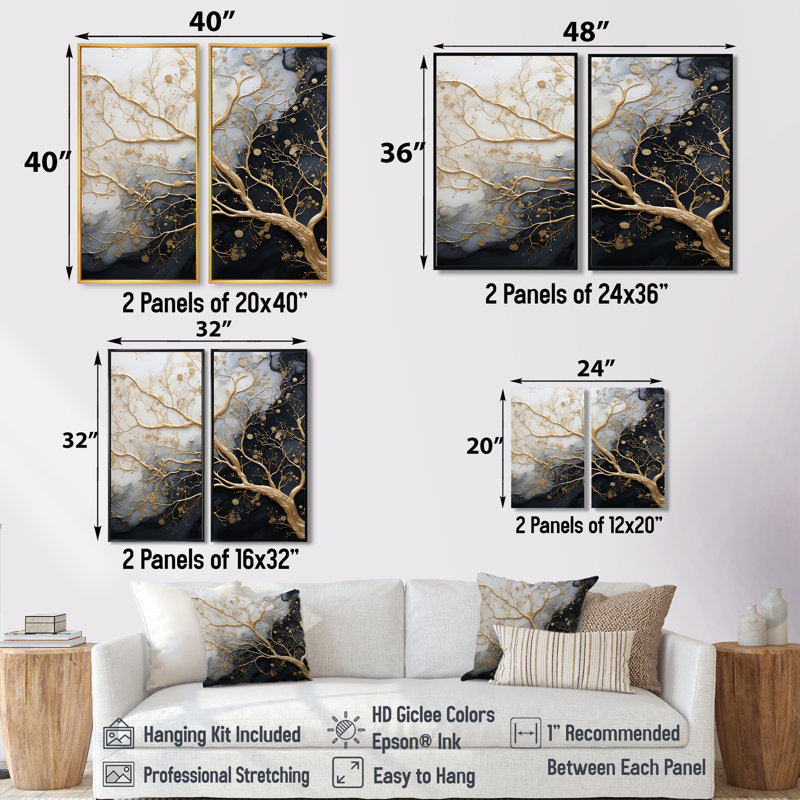 Golden Branch Tree Luminous Tangle III - Floral Tree, reproduction d'art monochrome sur toile, H 32 po x l 32 po, Noir