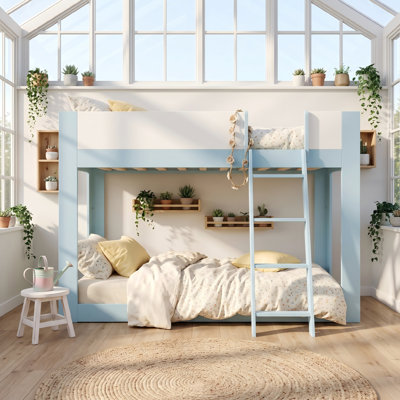 Low Bunk Bed with Reversible Ladder, Solid Wood Convertible Bunk Bed with Safety Guardrails for Low Ceilings