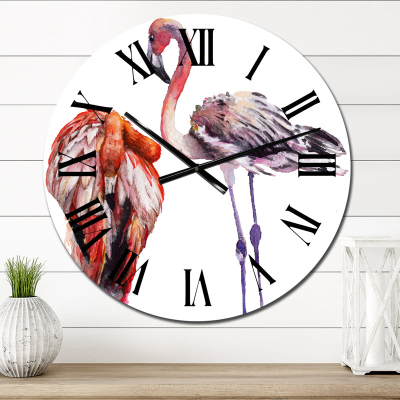 Horloge murale traditionnelle flamants roses sur fond blanc I, Médium