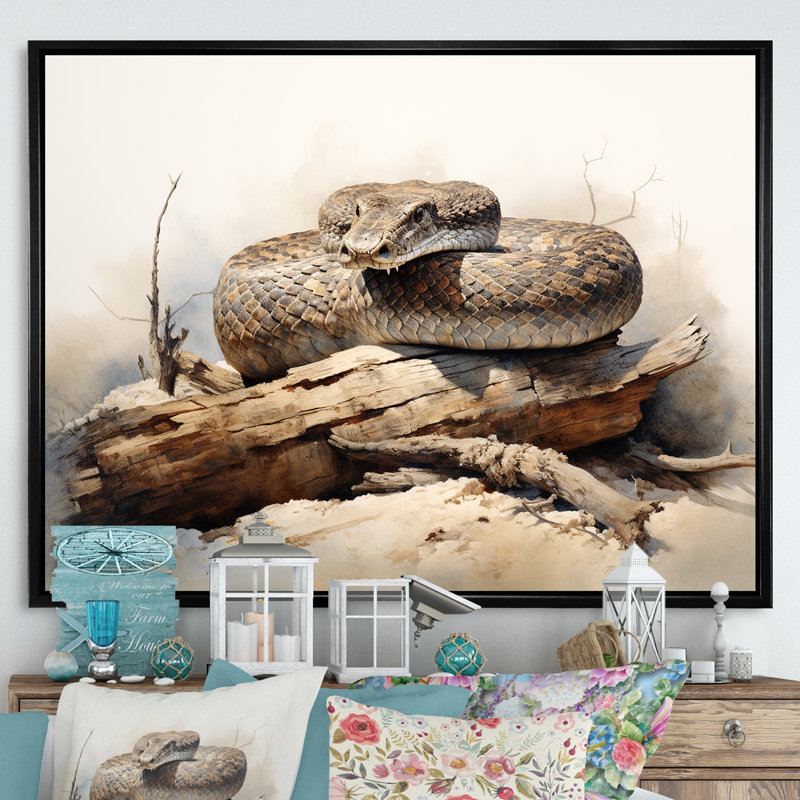 Rattler Rattlesnake sur impression sur toile, H 12 po x l 20 po x P 1 po, Cadre flottant noir