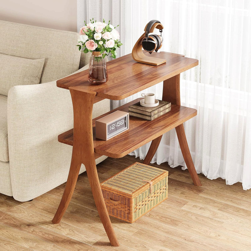 Table de bout en bois massif 27,56 po - Table d'appoint de ferme étroite avec tablette de rangement à 2 niveaux, table de chevet et table d'appoint