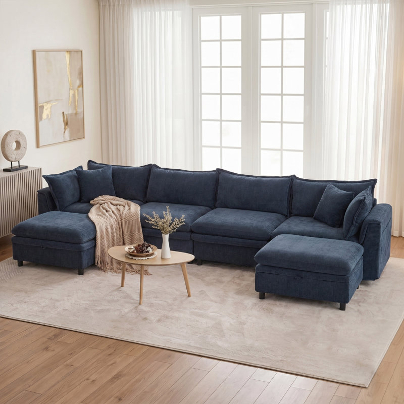 146'' Upholstered U-Shape Sectional Cloud Couch With Storage Ottoman, Blue Chenille