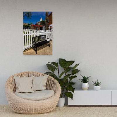 White Picket Fence And Bench With Old Courthouse In Background, Hermann, Missouri, Usa Abstract Contemporary Landscape Nature Wall Art