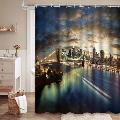 New York Cityscape Sunset Manhattan Night Shower Curtain with 12 Hooks