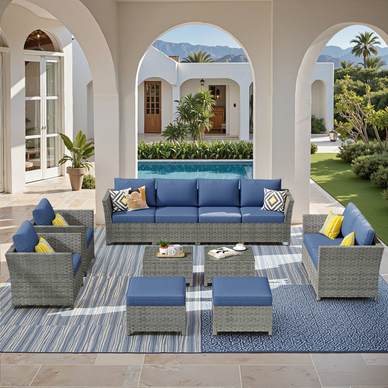 Ignatz 8 - Person No Assembly Required Patio conversation Set, Outdoor Sectional With Cushions, Gray, Denim Blue