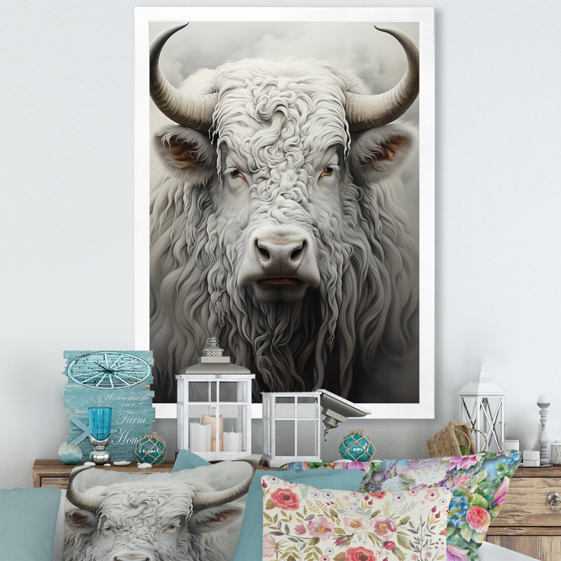 Minimalisme gris peinture Yak - Yaks Wall Art salon, Cadre photo argenté, H 44 po x l 34 po