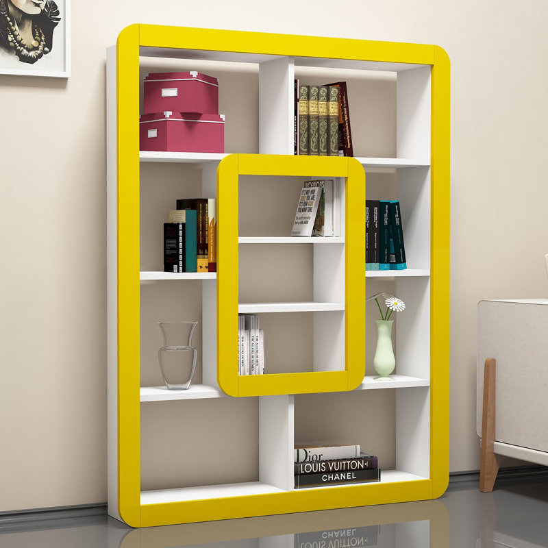 Modern Bookshelf with Numerous Shelves, White & Yellow, 43.0 x 55.1 x 8.6 inches | 100% Melamine Coated Particle Board, Thickness: 0.7 inches | Wall-Mountable Design for Stylish Storage & Display Solutions