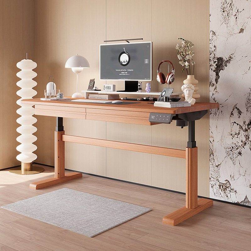 Cherry Wood Colour + Black Rectangular Hight adjustable Solid Wood + Carbon Steel with 2 drawers desk