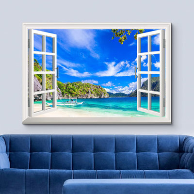 Fenêtre, paysage, belle plage à El Nido, Palawan, Philippines - impression sur toile tendue