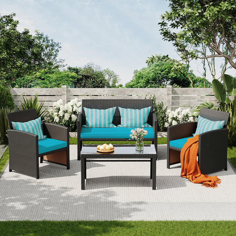 Wicker Outdoor Seating Group with Cushions, Beige Cushion/Gray Frame