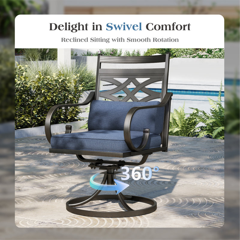 4 - Person Rectangular Outdoor Dining Set With Swivel Dining Chairs, Cushions & Pillows, Blue