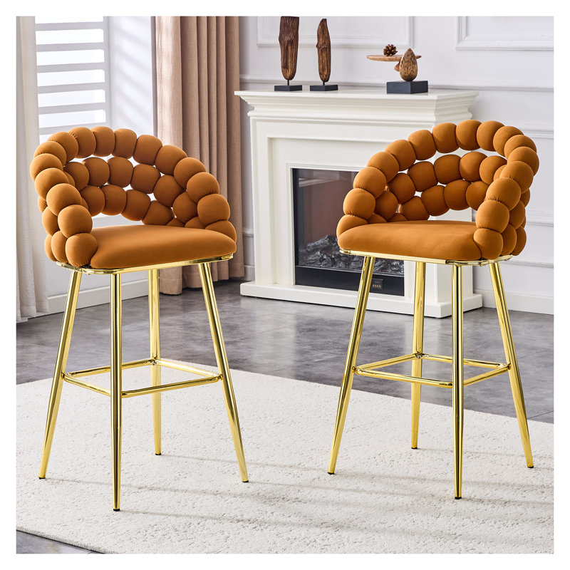Ensemble de 2 tabourets de bar modernes en velours orange avec pieds dorés et chaises capitonnées à motif de chaîne à bulles pour îlot de cuisine et bar pour la maison