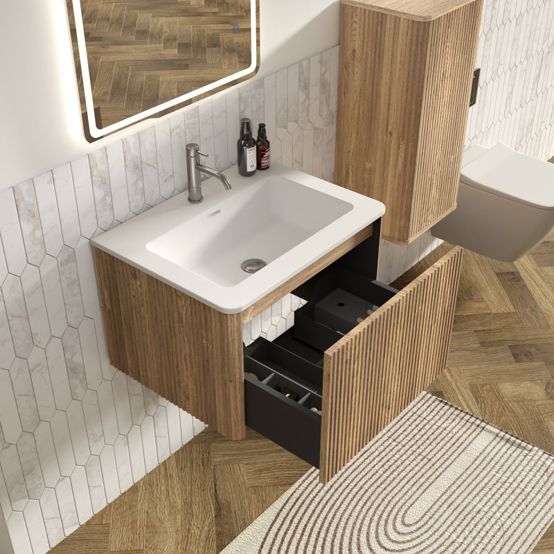 Hannemarie 24" Pre-Assembled Wall Mounted Single Bathroom Vanity with Top with Overflow, 24", Rough Oak, Matte White