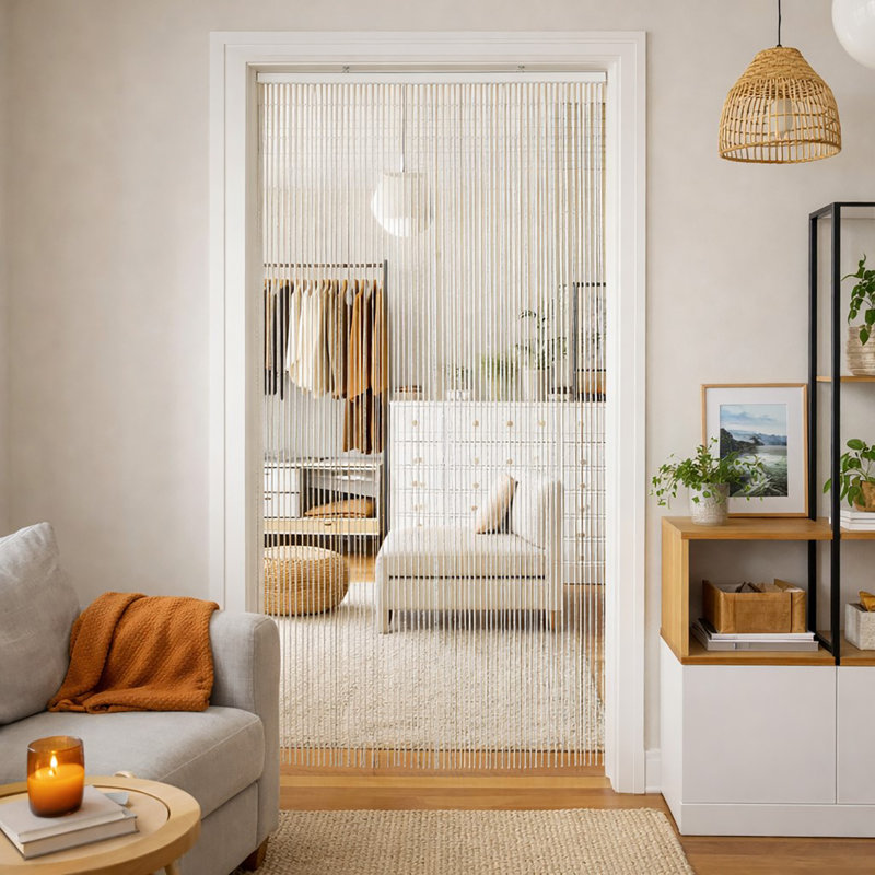 Panneau de rideau pour porte thermique semi-transparent en rayonne de couleur unie, Blanc