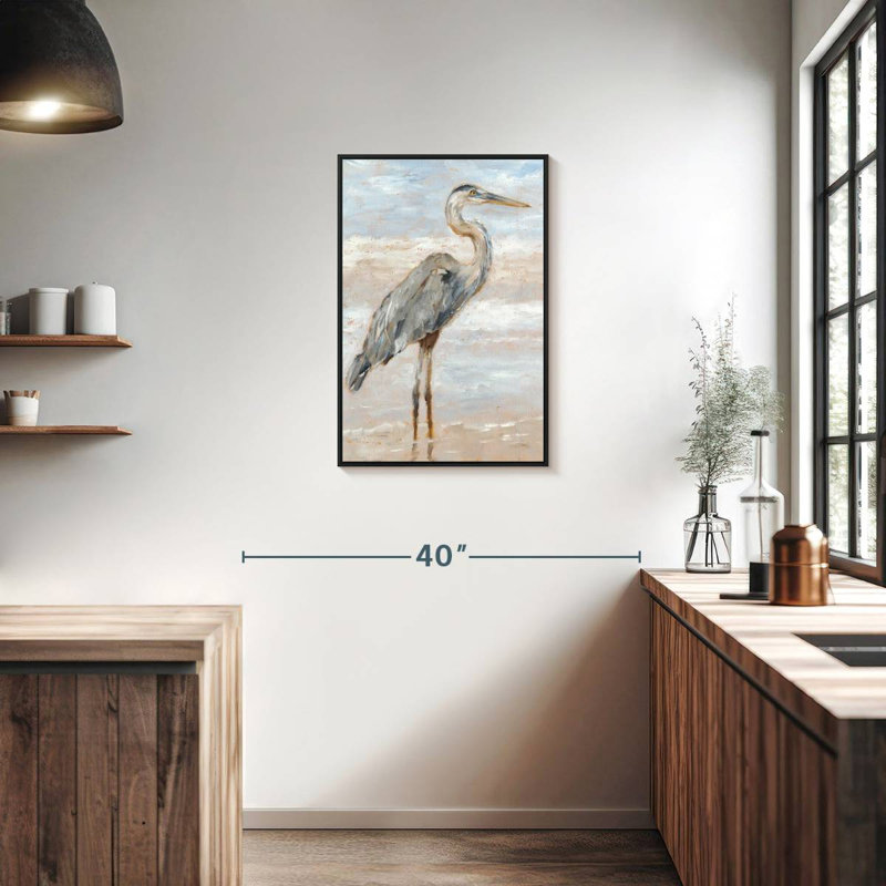 Héron de plage I, Cadre flottant noir, 21 po x 31 po