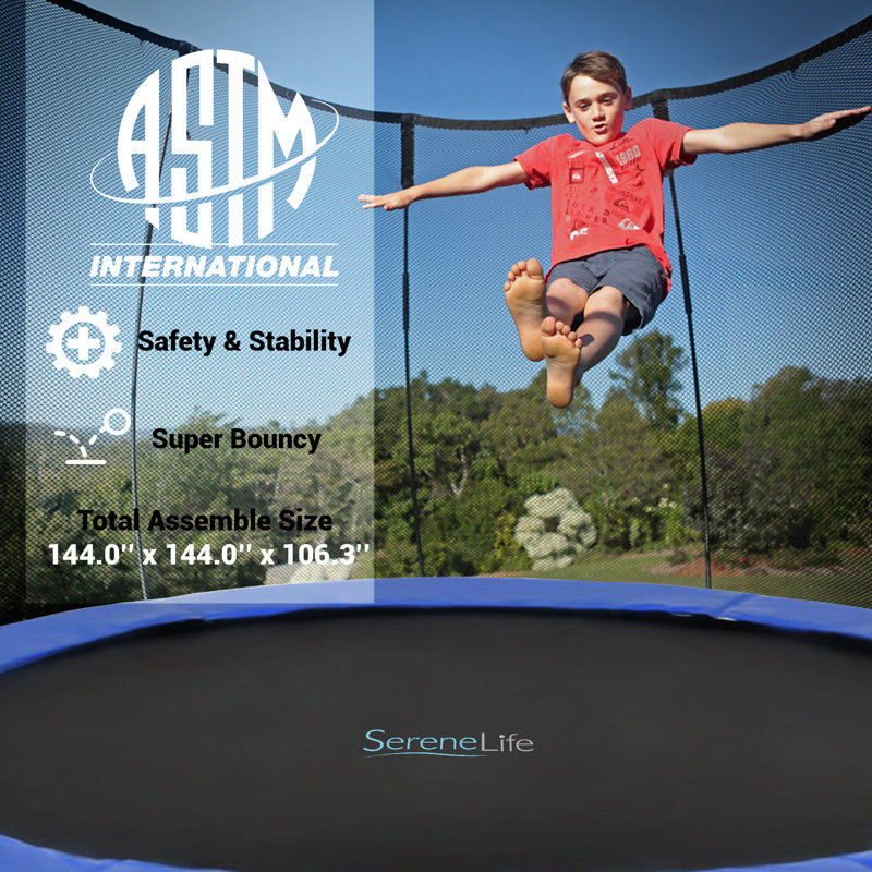 SereneLife 12ft Black and Blue Outdoor Trampoline with Safety Enclosure