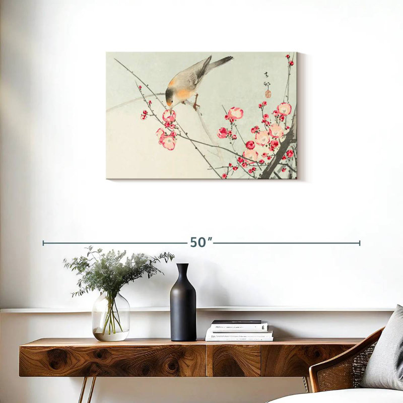 Oiseau chanteur sur une branche en fleurs, H 20 po x l 30 po