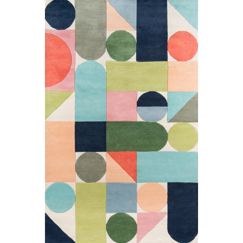 Tapis bleu / vert / orange en laine touffeté à la main à motif géométrique Glory, Rectangle 5 pi x 8 pi