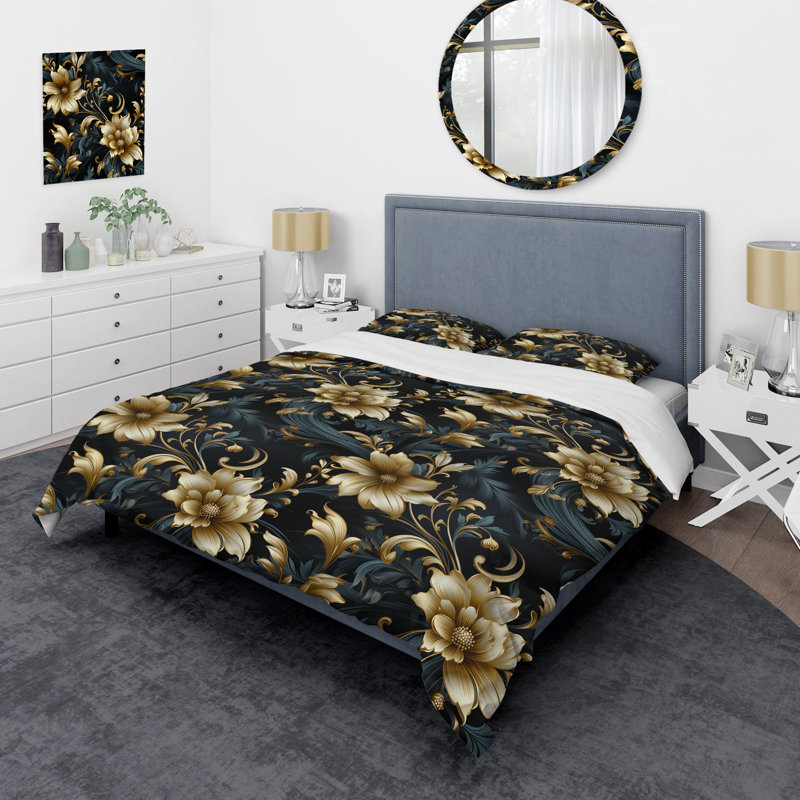 Literie opulente or Intrigue Floral I Khary, Housse de couette pour très grand lit et 2 très